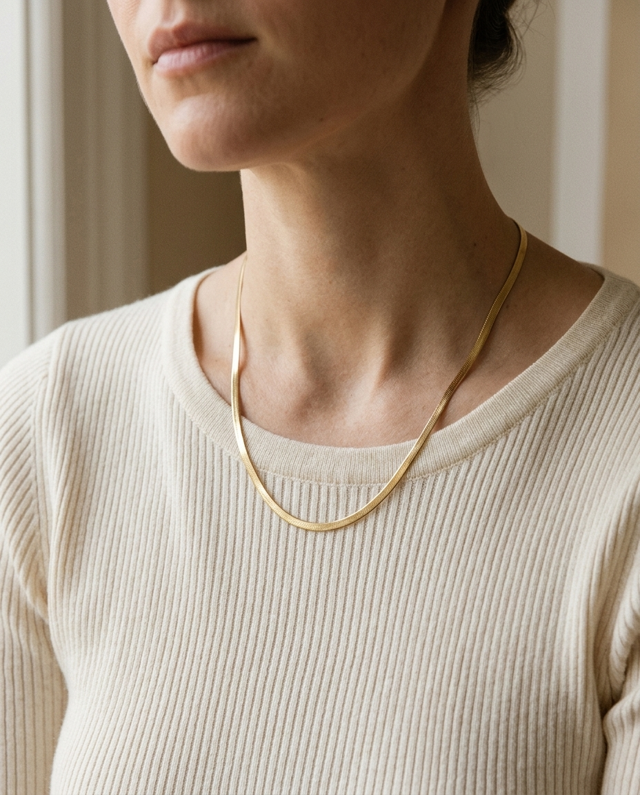 Model draagt de platte slangenketting van 2 mm van Ambrelle
