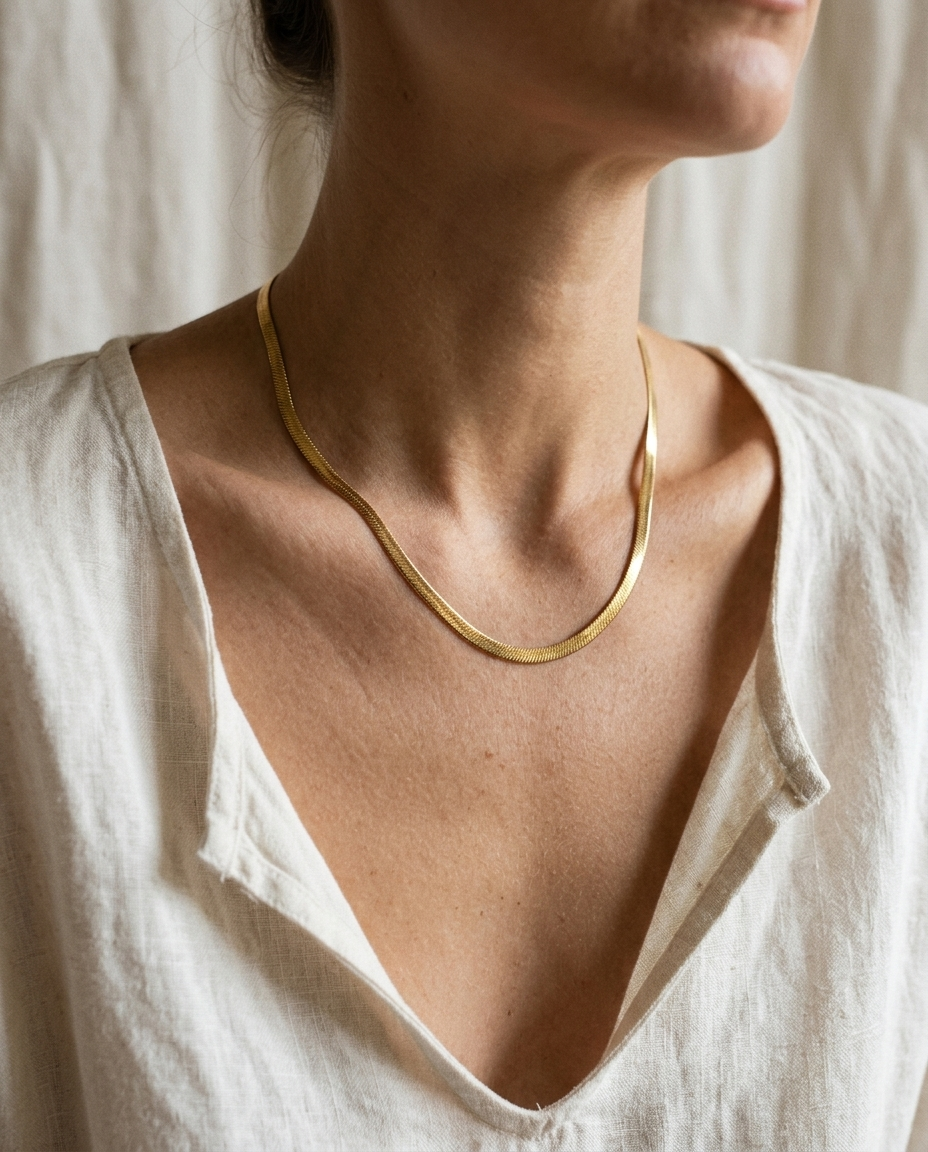 Model draagt de goudkleurige slangenketting van Ambrelle