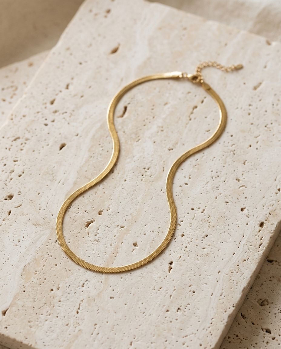 De platte slangenketting van 2 mm van Ambrelle op travertijn