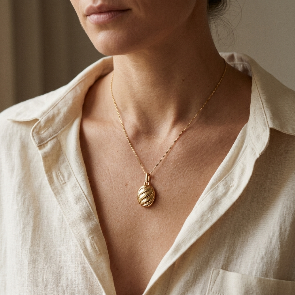 Model draagt ovale hanger aan fijne ketting van Ambrelle